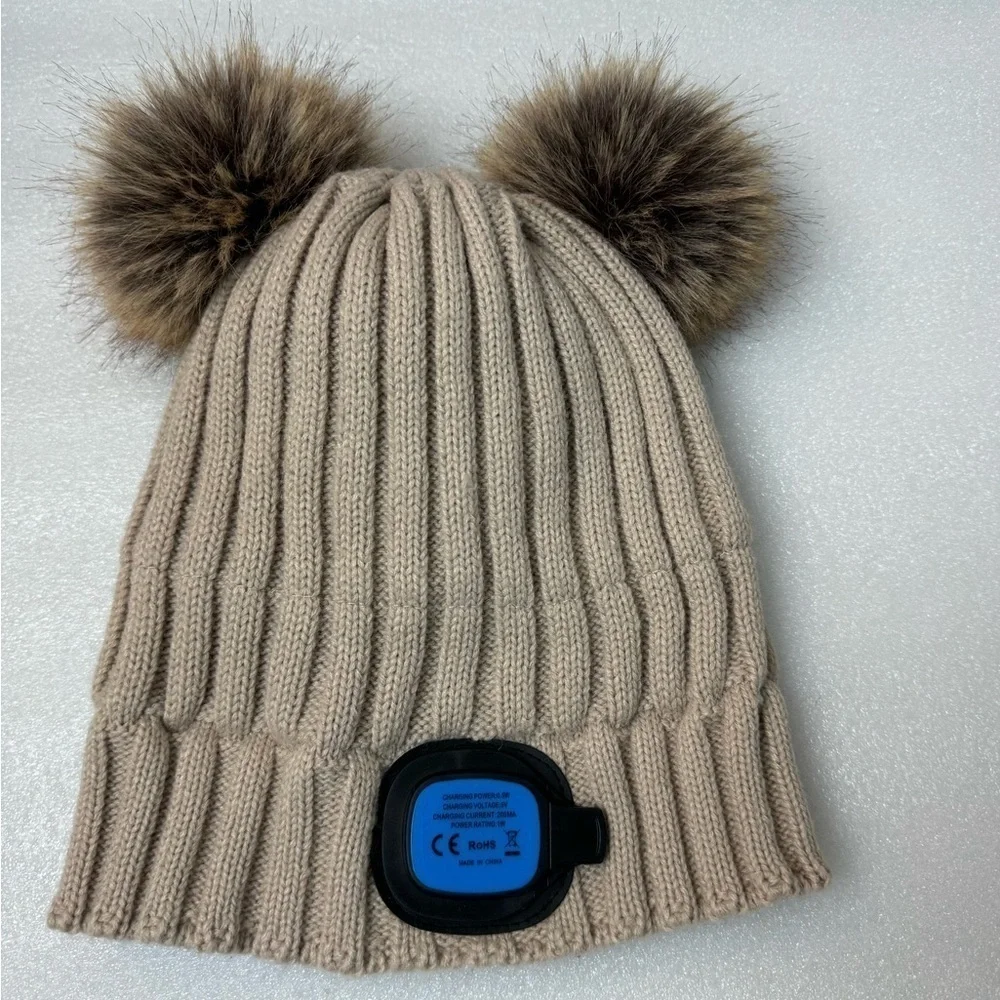 Kids’ Beanie Pom Pom Night Light Headlamp Tan Natural Color